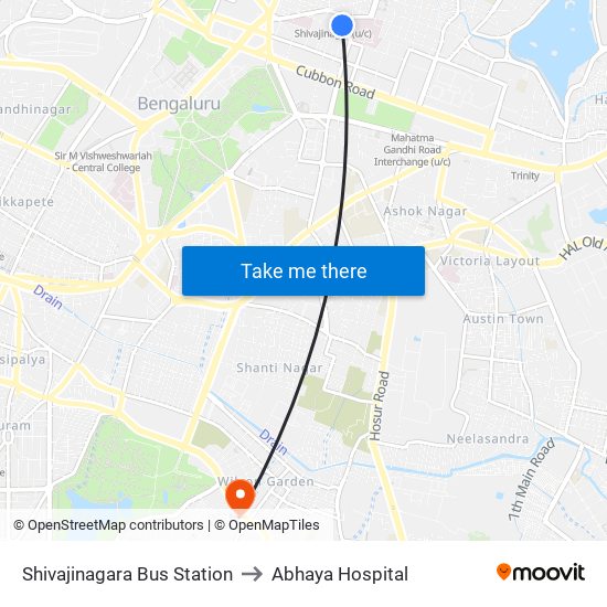 Shivajinagara Bus Station to Abhaya Hospital map