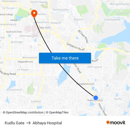 Kudlu Gate to Abhaya Hospital map