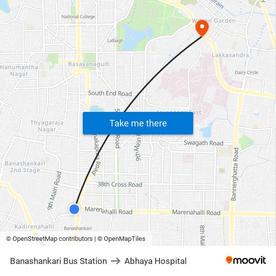 Banashankari Bus Station to Abhaya Hospital map