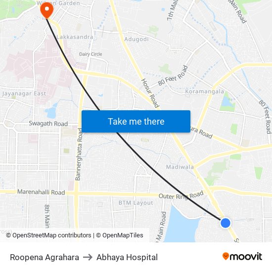 Roopena Agrahara to Abhaya Hospital map