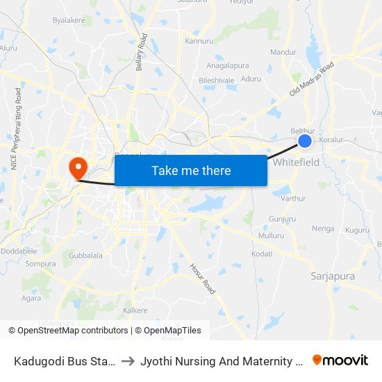 Kadugodi Bus Station to Jyothi Nursing And Maternity Home map