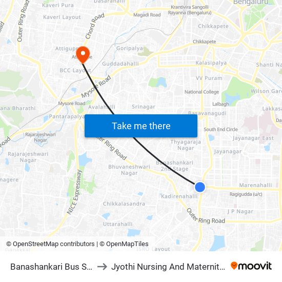 Banashankari Bus Station to Jyothi Nursing And Maternity Home map