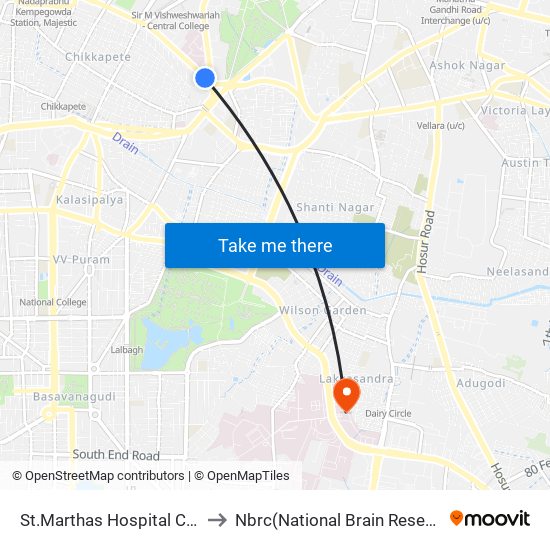 St.Marthas Hospital Corporation to Nbrc(National Brain Research Center) map