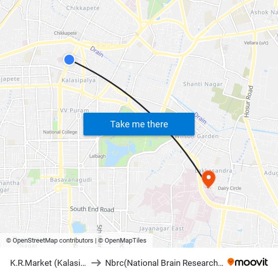 K.R.Market (Kalasipalya) to Nbrc(National Brain Research Center) map