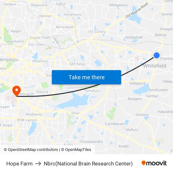 Hope Farm to Nbrc(National Brain Research Center) map