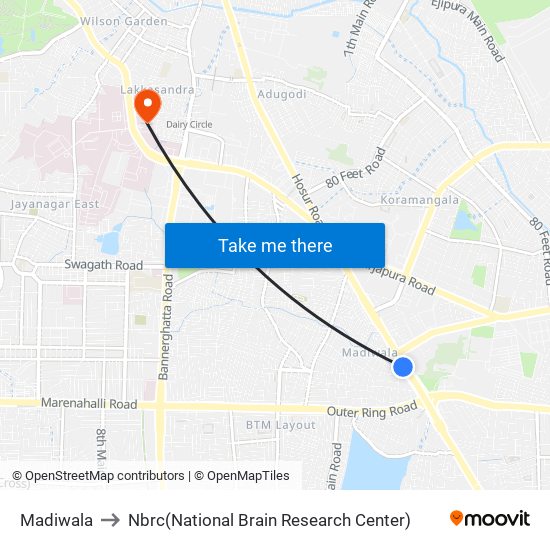 Madiwala to Nbrc(National Brain Research Center) map