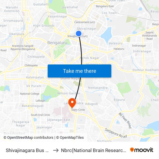Shivajinagara Bus Station to Nbrc(National Brain Research Center) map