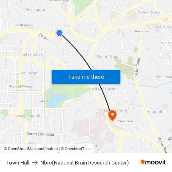 Town Hall to Nbrc(National Brain Research Center) map