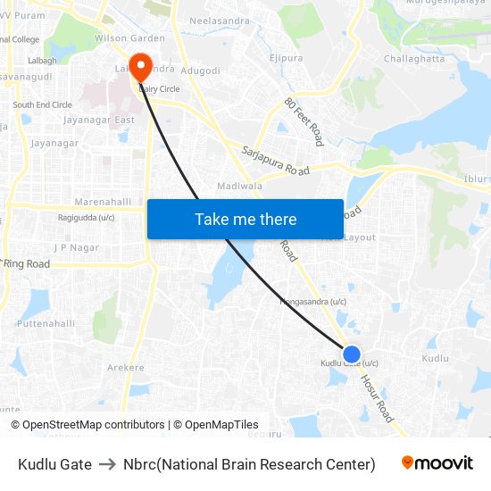 Kudlu Gate to Nbrc(National Brain Research Center) map