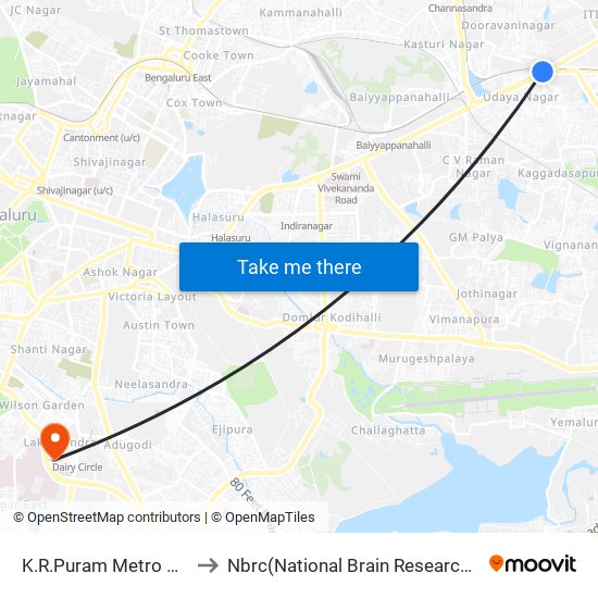 K.R.Puram Metro Station to Nbrc(National Brain Research Center) map