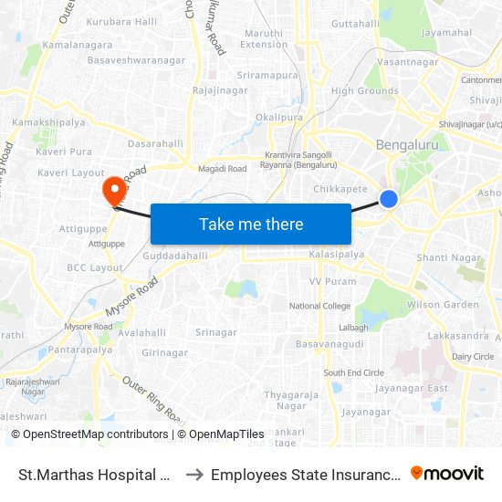 St.Marthas Hospital Corporation to Employees State Insurance Dispensary map