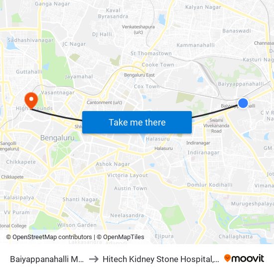 Baiyappanahalli Metro Station to Hitech Kidney Stone Hospital, Bengaluru Urban map