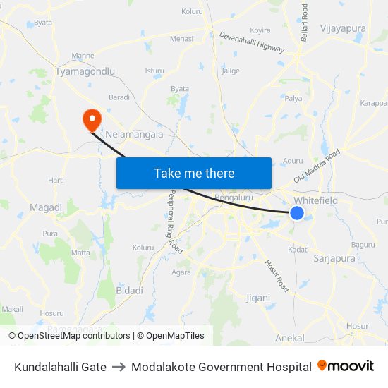 Kundalahalli Gate to Modalakote Government Hospital map