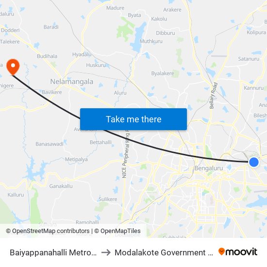 Baiyappanahalli Metro Station to Modalakote Government Hospital map