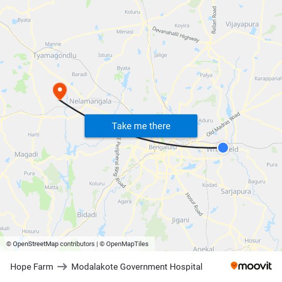 Hope Farm to Modalakote Government Hospital map