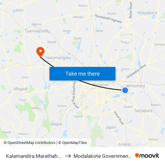 Kalamandira  Marathahalli Bridge to Modalakote Government Hospital map