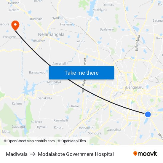 Madiwala to Modalakote Government Hospital map