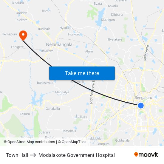 Town Hall to Modalakote Government Hospital map