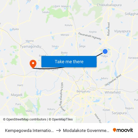 Kempegowda International Airport to Modalakote Government Hospital map