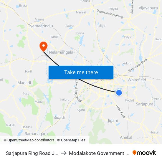 Sarjapura Ring Road Junction to Modalakote Government Hospital map