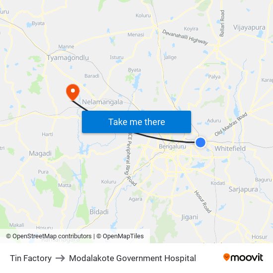 Tin Factory to Modalakote Government Hospital map