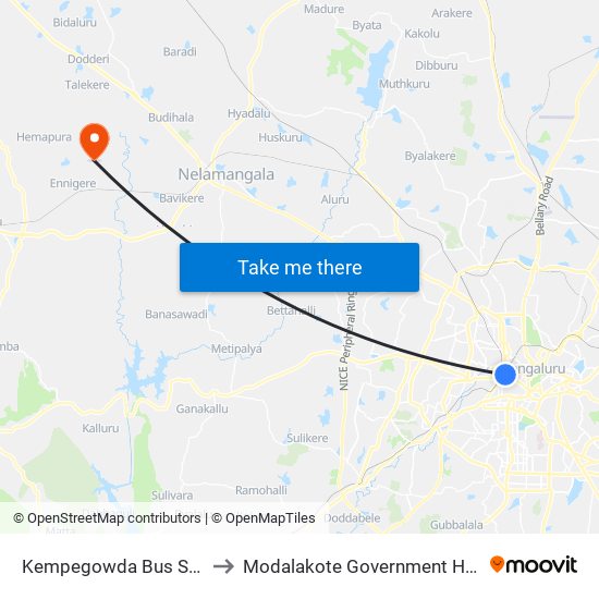 Kempegowda Bus Station to Modalakote Government Hospital map