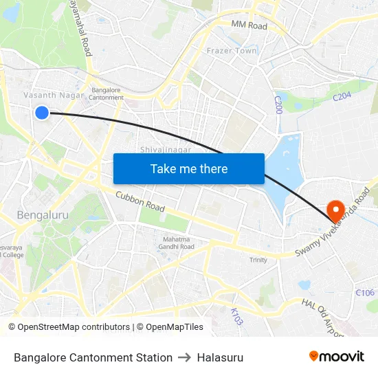 Bangalore Cantonment Station to Halasuru map