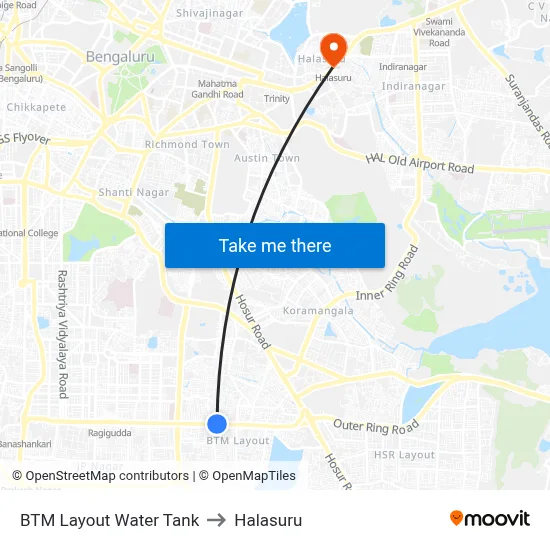 BTM Layout Water Tank to Halasuru map
