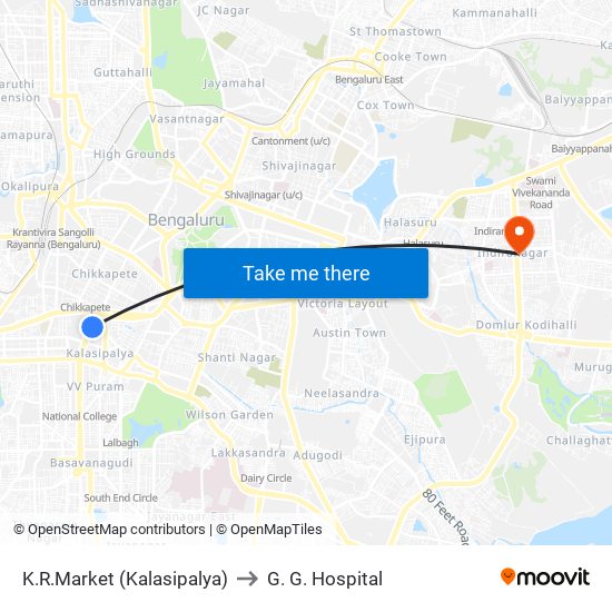 K.R.Market (Kalasipalya) to G. G. Hospital map