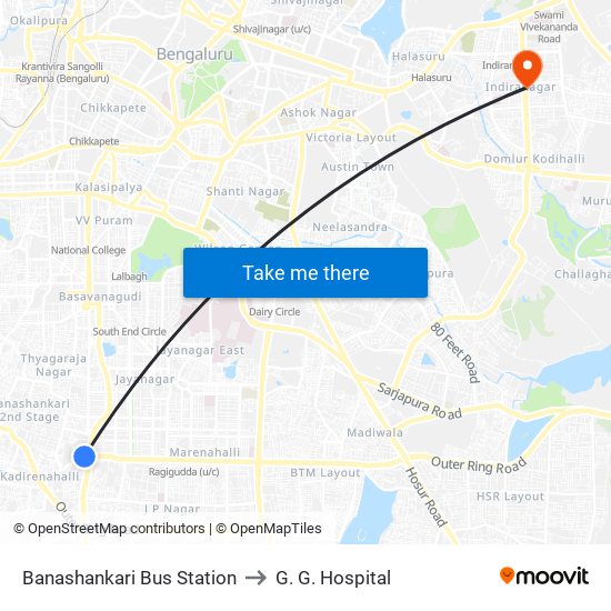 Banashankari Bus Station to G. G. Hospital map
