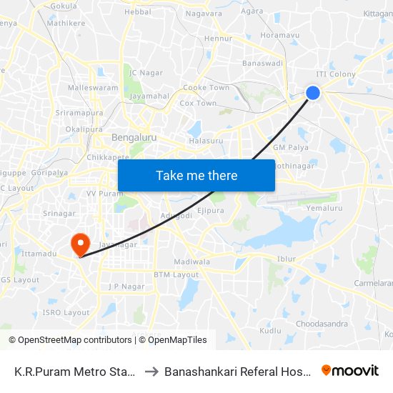 K.R.Puram Metro Station to Banashankari Referal Hospital map