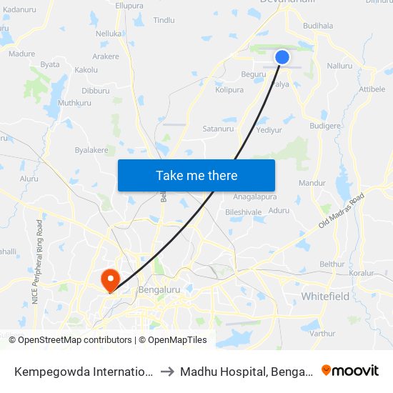 Kempegowda International Airport to Madhu Hospital, Bengaluru Urban map