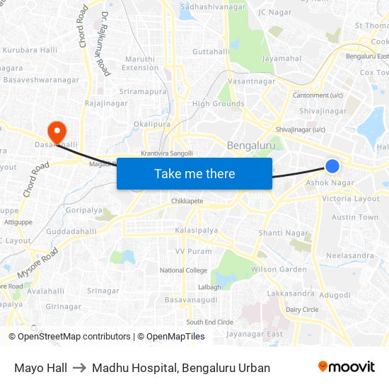 Mayo Hall to Madhu Hospital, Bengaluru Urban map