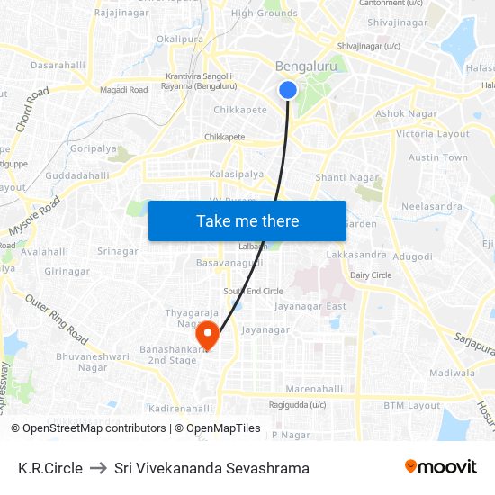 K.R.Circle to Sri Vivekananda Sevashrama map