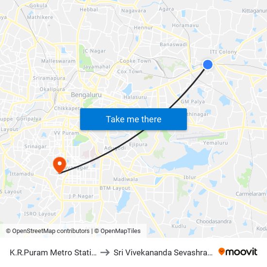K.R.Puram Metro Station to Sri Vivekananda Sevashrama map