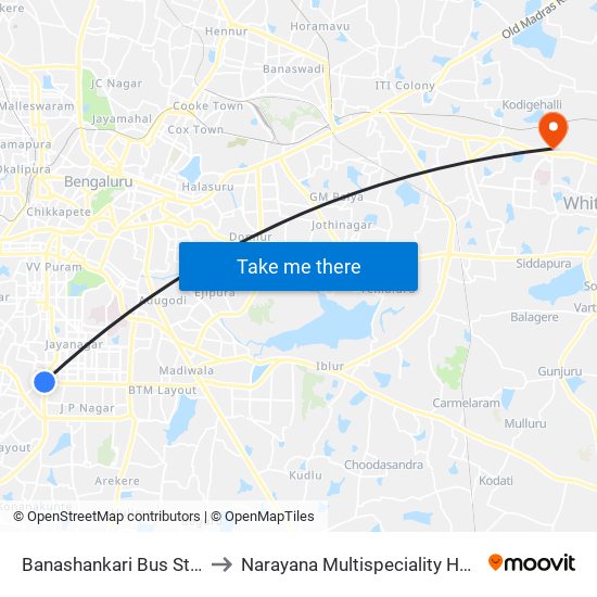 Banashankari Bus Station to Narayana Multispeciality Hospital map