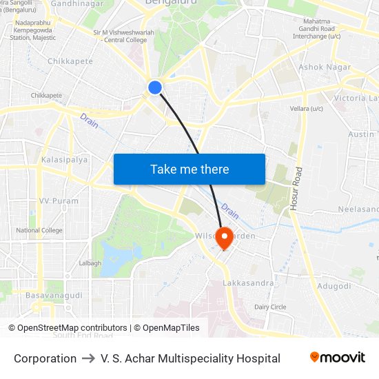 Corporation to V. S. Achar Multispeciality Hospital map