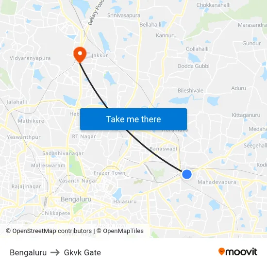Bengaluru to Gkvk Gate map