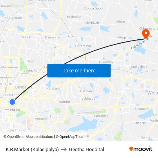 K.R.Market (Kalasipalya) to Geetha Hospital map