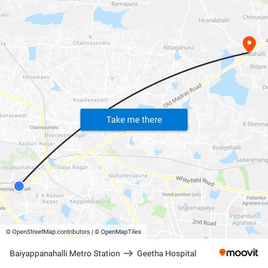 Baiyappanahalli Metro Station to Geetha Hospital map