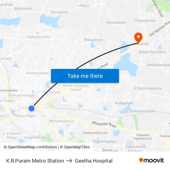 K.R.Puram Metro Station to Geetha Hospital map