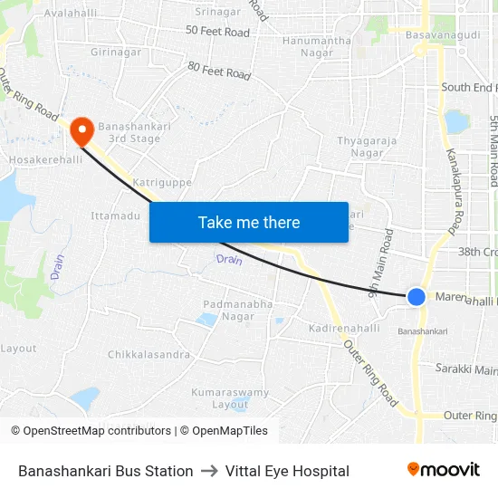 Banashankari Bus Station to Vittal Eye Hospital map