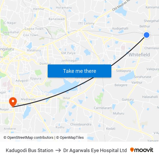 Kadugodi Bus Station to Dr Agarwals Eye Hospital Ltd map