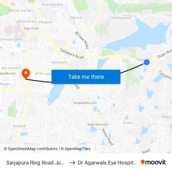 Sarjapura Ring Road Junction to Dr Agarwals Eye Hospital Ltd map