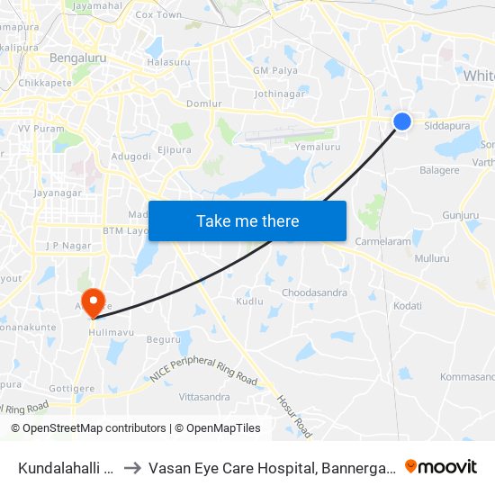 Kundalahalli Gate to Vasan Eye Care Hospital, Bannergatta Road map