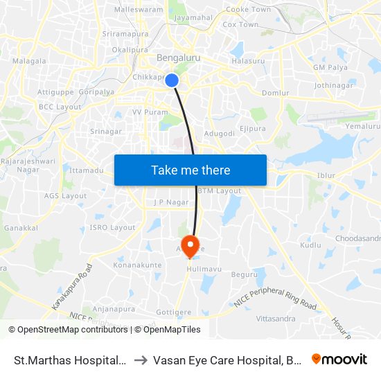 St.Marthas Hospital Corporation to Vasan Eye Care Hospital, Bannergatta Road map