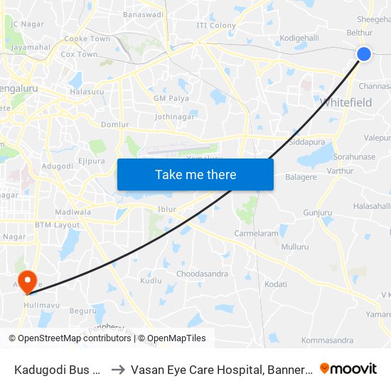 Kadugodi Bus Station to Vasan Eye Care Hospital, Bannergatta Road map