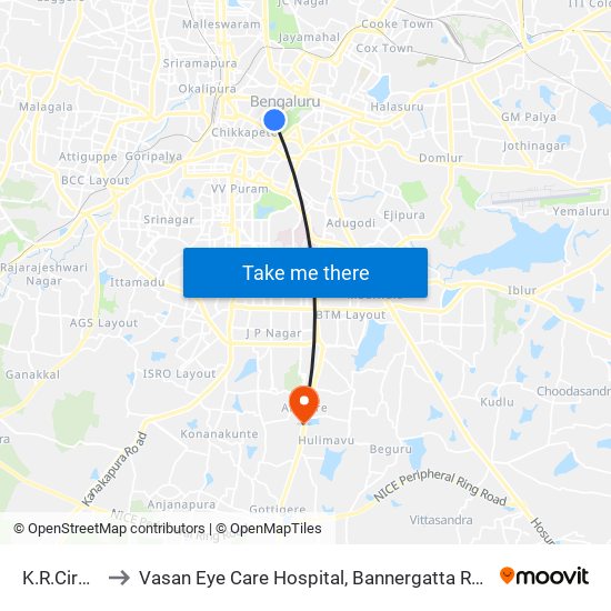 K.R.Circle to Vasan Eye Care Hospital, Bannergatta Road map