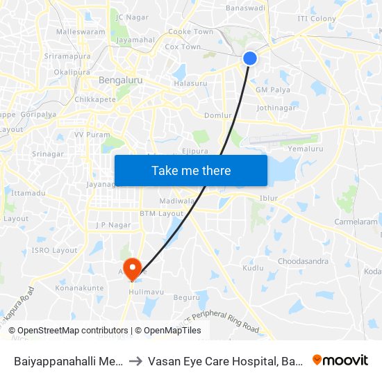 Baiyappanahalli Metro Station to Vasan Eye Care Hospital, Bannergatta Road map