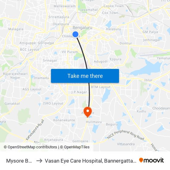 Mysore Bank to Vasan Eye Care Hospital, Bannergatta Road map